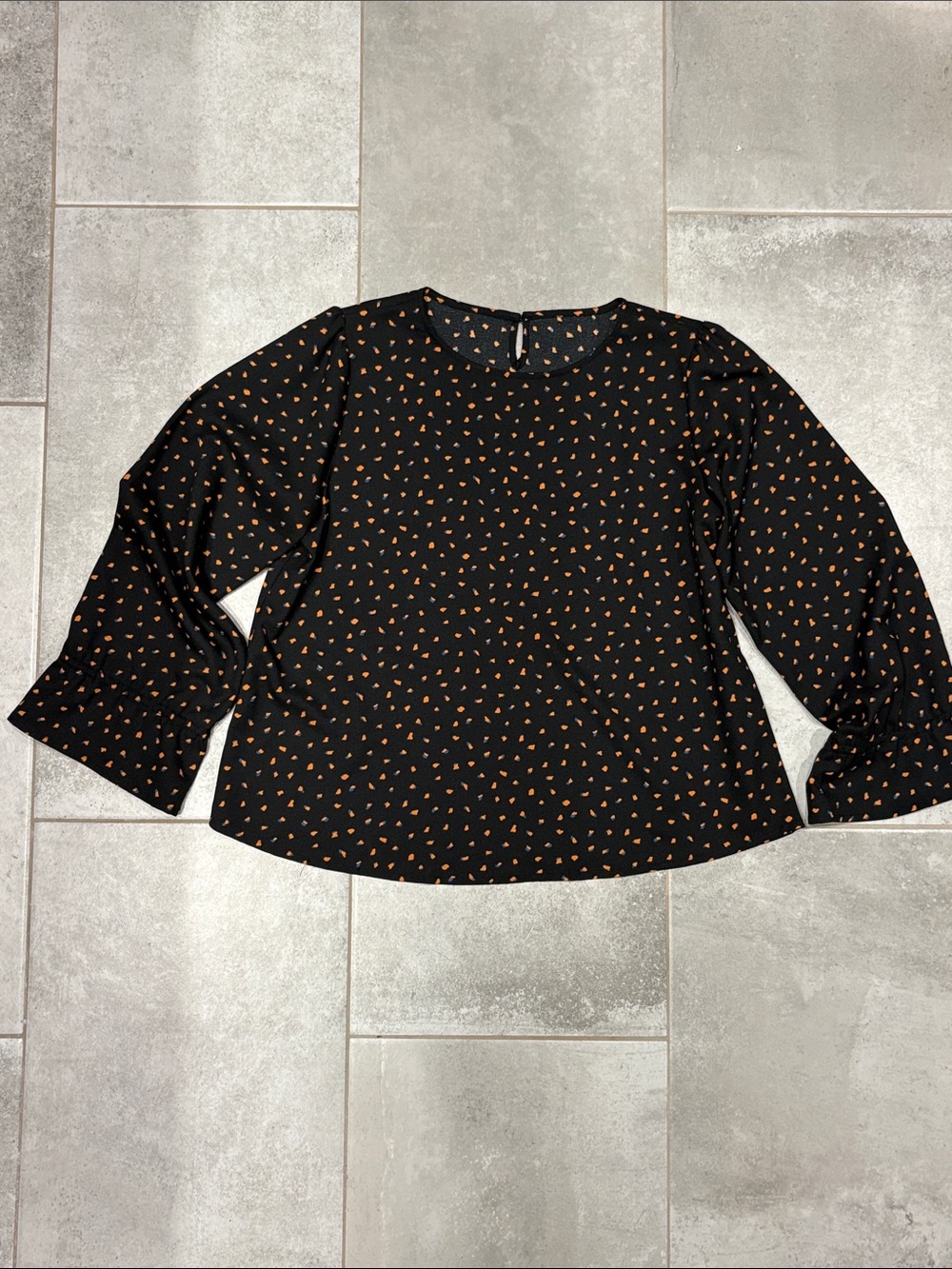 AZUL by Moussy Black Blouse with Orange Dot Print and Flared Sleeves